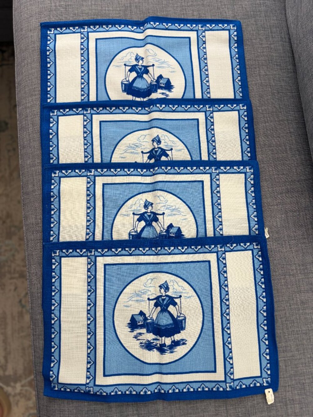 Delft Placemats Blue White Linen Print Milk Maiden NEW w/tags 4 Piece